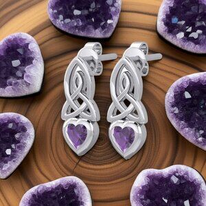 Celtic Knotwork Amethyst Heart Sterling Silver Earrings